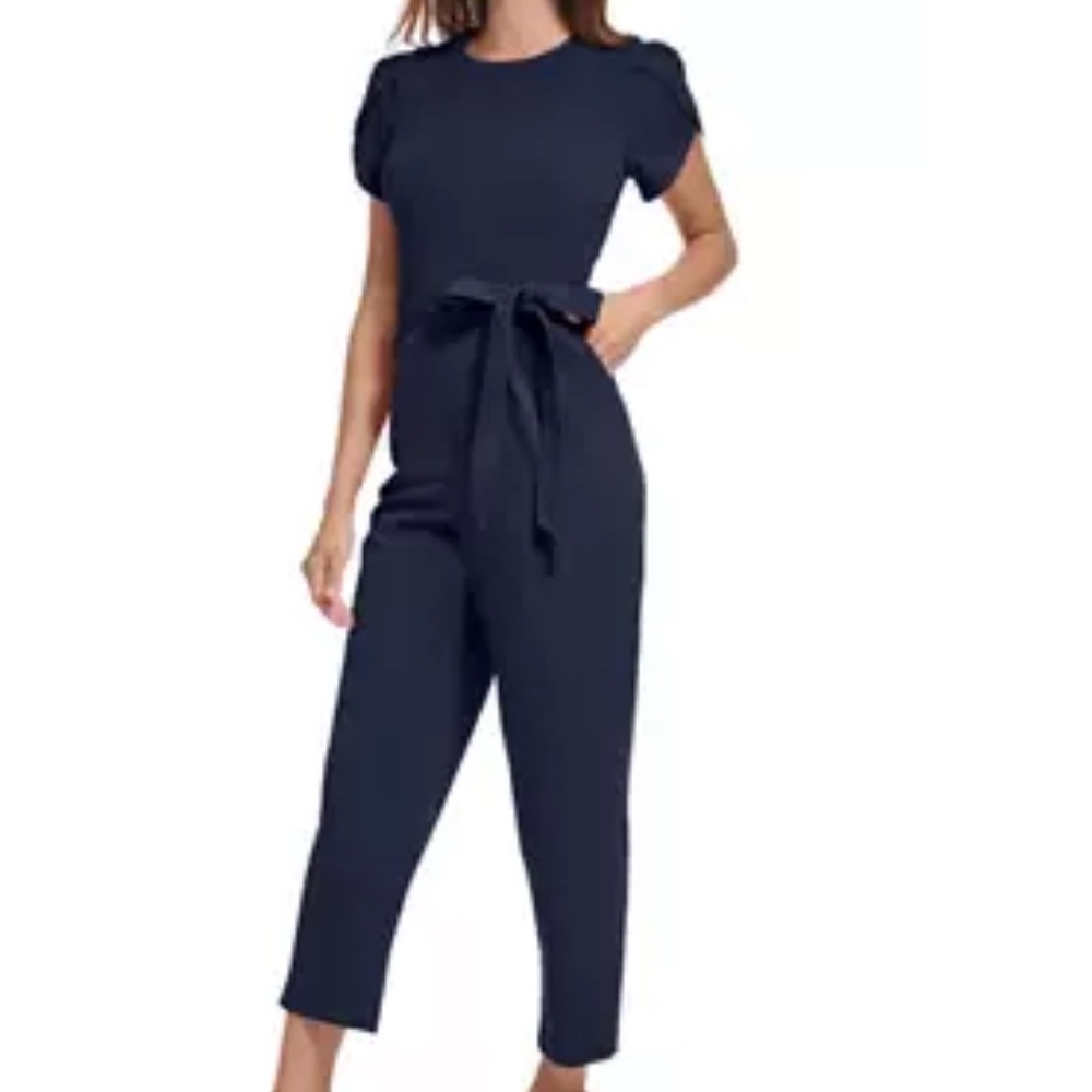 Calvin Klein Women's Short Sleeve Boat Neck Tie Waist Solid Jumpsuit -Size 8